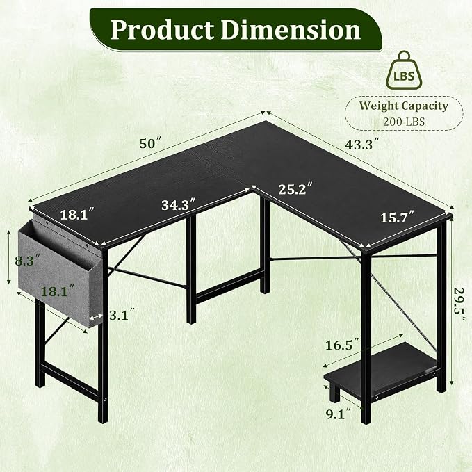 Alpen L Shaped Gaming Desk, Small Computer Desk, 50 Inch Wide Corner Desk, Work from Home Desk, Study Table for Bedrooms, PC Writing Table with Storage and Reversible Shelf, Classic Black