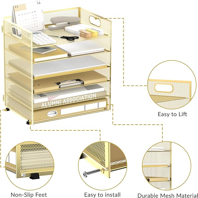 Daltack 6-Tier Paper Organizer for Desk with Handle, Gold, 2 Pack | Sturdy Metal Mesh Organizer with Movable Middle Trays and a Carry Handle for Papers, Folders and Office Supplies
