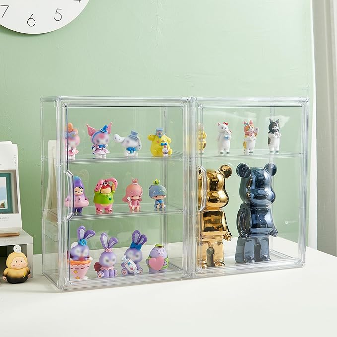 LXLXXL Acrylic Display Case 3 Tier Wall-Mounted for Collectibles, 1 Pack | Dual-use Tabletop＆Wall Mount with Adhesive Buckles, Magnetic Door,2 Removable Partitions,Tool-Free Assembly for Collectibles