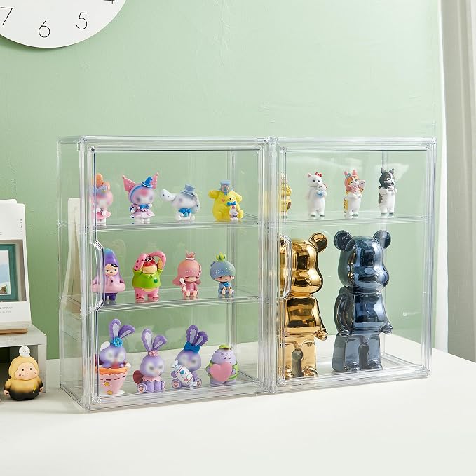 LXLXXL Acrylic Display Case 3 Tier Wall-Mounted for Collectibles,2 Pack | Dual-use Tabletop＆Wall Mount with Adhesive Buckles, Magnetic Door,2 Removable Partitions,Tool-Free Assembly for Collectibles