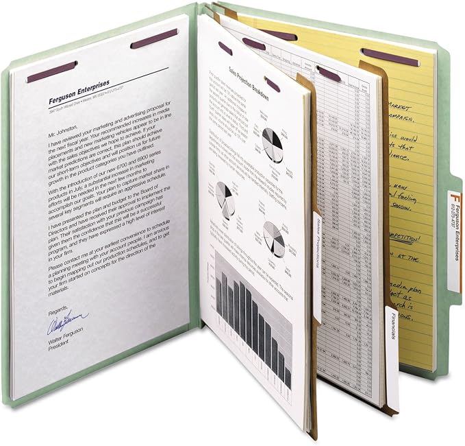 Smead Pressboard Classification File Folder with SafeSHIELD Fasteners, 2 Dividers, 2" Expansion, Letter Size, Gray/Green, 10 per Box (14076)