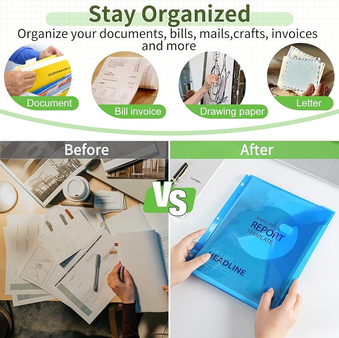 Sooez 30 Pcs Binder Folders Organizer with Staggered Closure, Letter Size | Heavy Weight Binder Pockets for 3 Ring Binders, Space-saving, High Capacity Binder Pouch Sleeves, School Supplies, 5 Colors