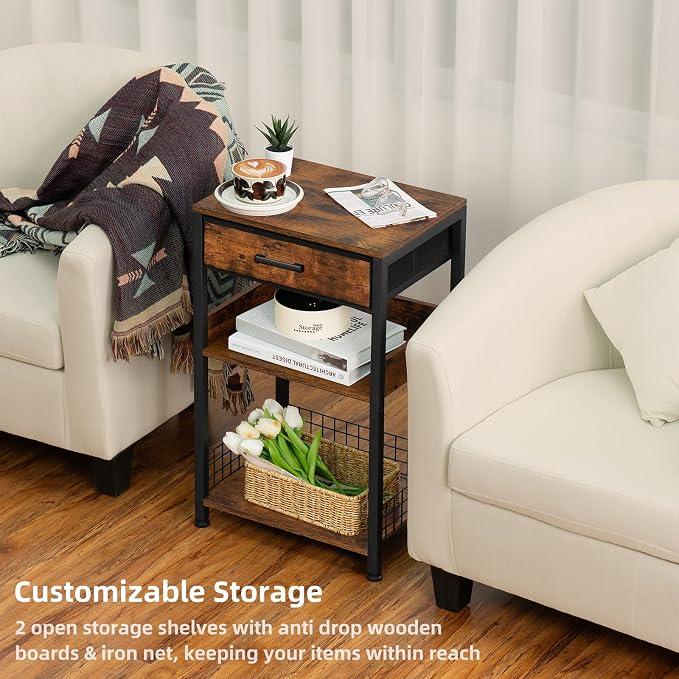 Lerliuo End Table with Fabric Drawer,3 Tier Industrial Wood Side Table with Storage,Modern Tall Printer Stand,Vintage Brown Nightstand,Rustic Bedside Tables for Living Room Bedroom Small Spaces | Three-tier printer stand with fabric drawer and two shel...