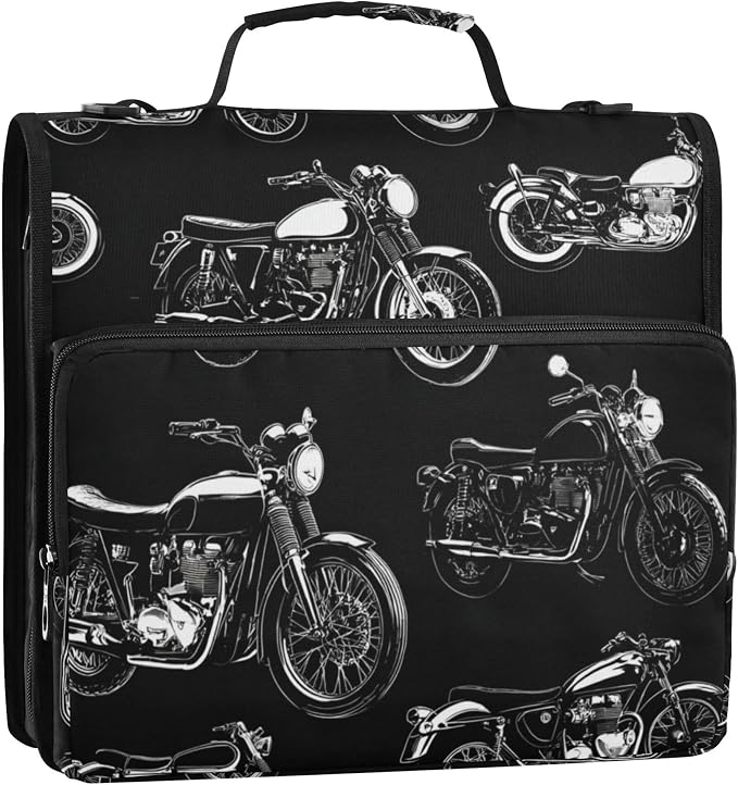 Fisyme Black White Motorcycles Zipper Binder 3 Ring with Zipper and Shoulder Strap Large Capacity Multi-Pocket Binder Organizer