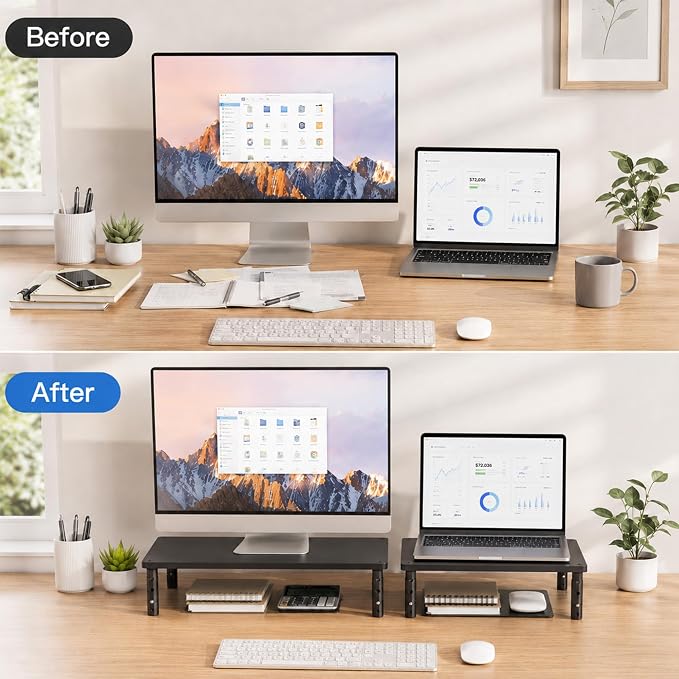 Adjustable Monitor Stand Riser for Desk, Wood Computer & Laptop Stand, Desk Organizers and Accessories, Office Desk Accessories & Workspace Organizer for Home Office Supplies, Black 2-Pack