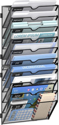 10 Tier Wall File Organizer Office Hanging Mail Holder Wall Mounted, Mesh Paper Document Organizer for Office Home School, Black | Wall Organizer and Wall Mounted File Holder with 10 Pockets and Label Panels for Files, Mail, Folders, Magazines and Paper