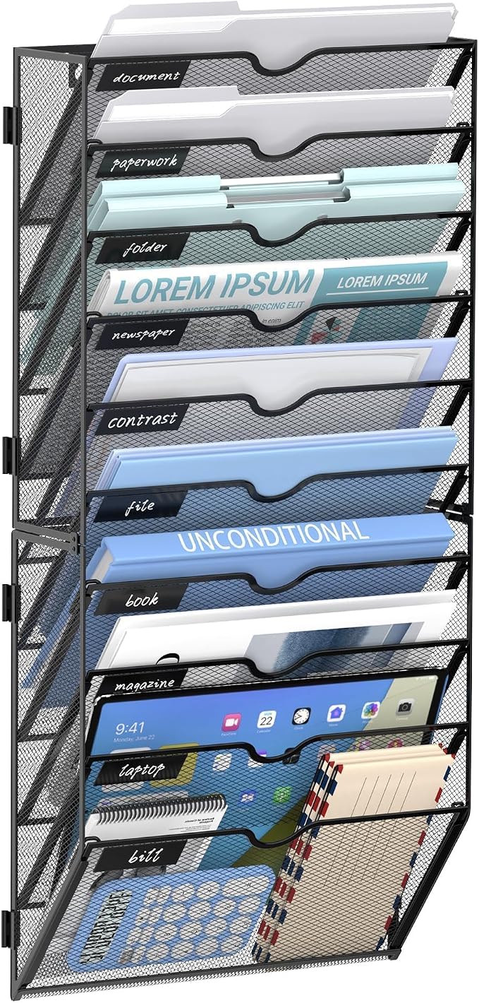10 Tier Wall File Organizer Office Hanging Mail Holder Wall Mounted, Mesh Paper Document Organizer for Office Home School, Black | Wall Organizer and Wall Mounted File Holder with 10 Pockets and Label Panels for Files, Mail, Folders, Magazines and Paper
