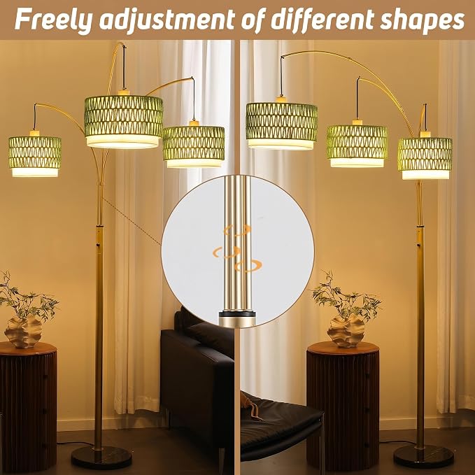 80'' Gold Rattan Arc Floor Lamp for Living Room, 3-Light Boho Tree Lamp | Heavy Natural Marble Base, 1/2/3-Light Rotary Switch,Double-layer Green Wicker/Fabric Shades for Coastal Style,8 ft+ Ceilings
