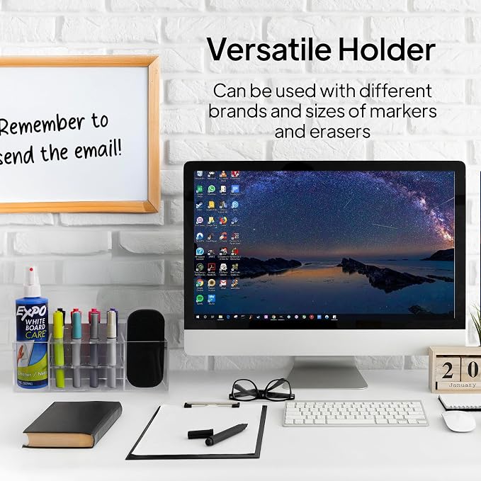 Strong magnetic dry-erase whiteboard holder, 8-slot acrylic pen organizer with glass and wall mounting hardware for refrigerator, office, and classroom. Markers, Eraser, Cleaner Not Included (Clear)