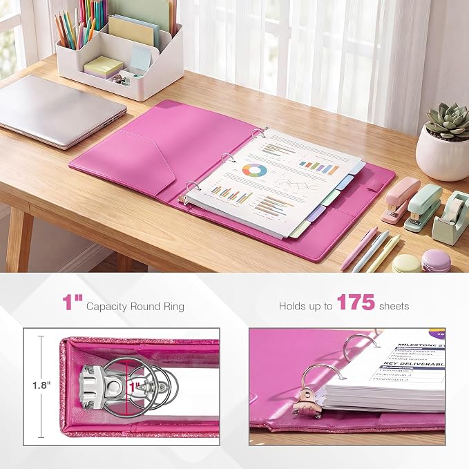 Ospelelf Vintage Hardcover 3 Ring 1 inch Leather Binder, Professional Binder Organizer Suitable for Letter Size, Binder Dividers with Tabs, Glitter Rose Pink
