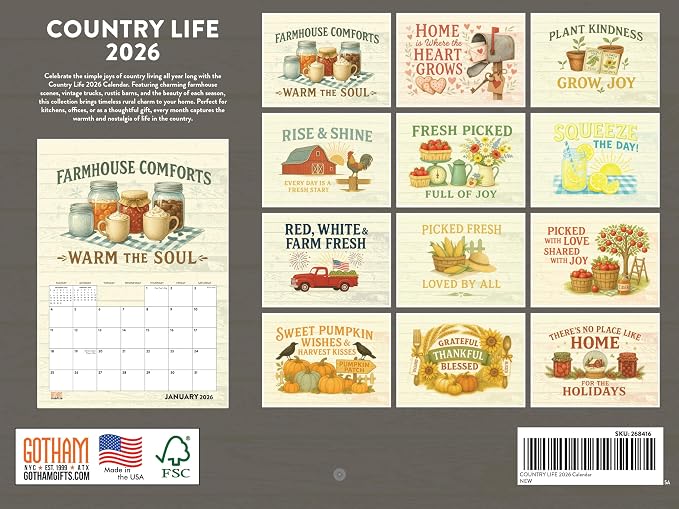 Country Life Calendar 2026 Monthly Wall Calender 12 Month | American Made In The USA