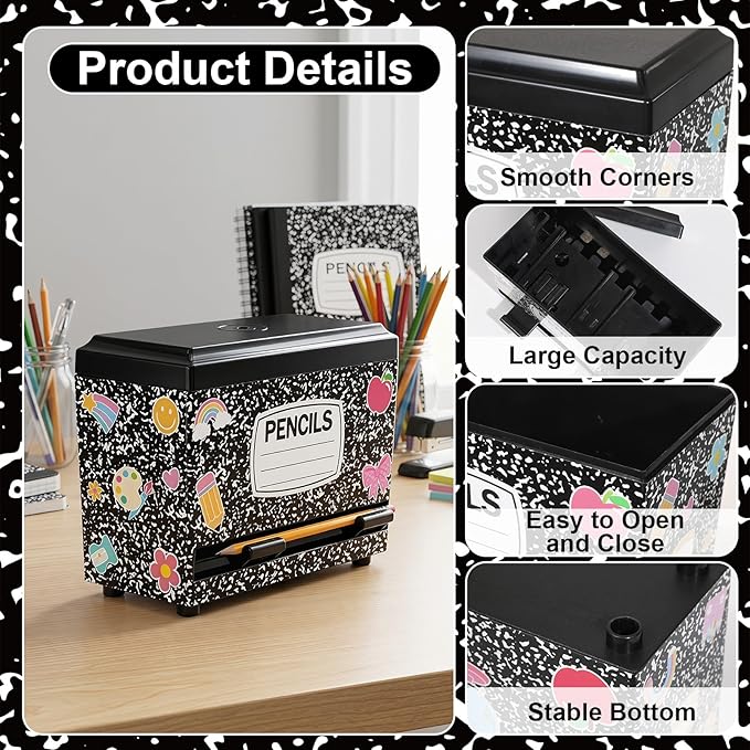 Composition Pencil Dispenser for Classroom Back to School Decorations Composition Notebook Pencil Dispenser Holder with Lid for Teacher Student Classroom Home Office Middle Preschool Gift Supplies