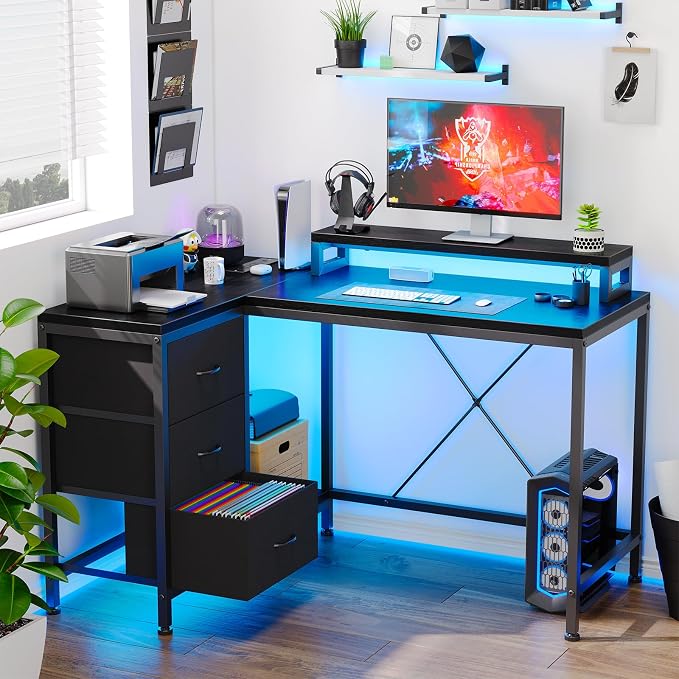 Garvee L-Shaped Computer Desk with Power Outlets & LED Lights - 43-Inch Reversible Corner Gaming Desk with 3 Drawers, Storage Shelves & Removable Monitor Stand, Modern Home Office Desk