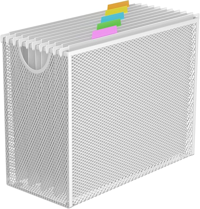 Letter-Size Hanging File Organizer (White, with 5 Grey Folders) | File Holder Filing Box for Desk, Metal Mesh Desk File Folder Storage for Office(No Assembly Required)