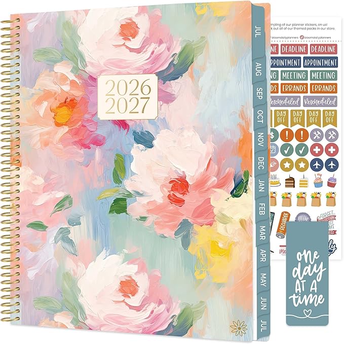 bloom daily planners 2026-2027 (8.5" x 11") Academic Year Day Planner (July 2026 - July 2027) - 13 Months Weekly & Monthly Agenda Organizer with Stickers & Tabs - Painted Peonies