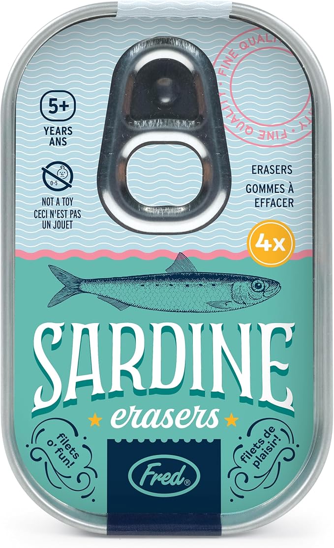 Genuine Fred Sardine ERASERS, Set of 4 Fish-Shaped Erasers, Quality Materials, Fun Desk Accessory, Packed in Charming, Well-Designed Sardine Tin, Perfect for School, Home, Office, and Gifts