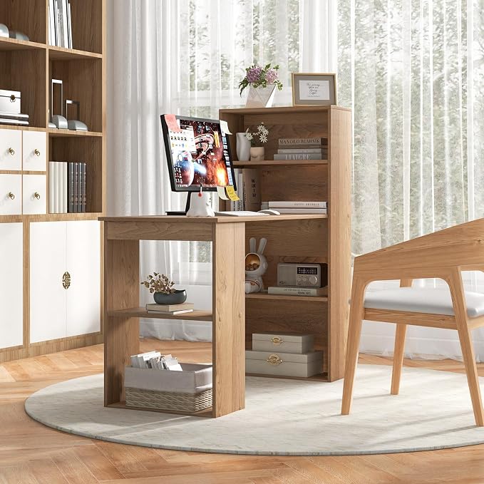GRAFFY Computer Desk with 6 Storage Shelves - 48" Reversible Writing Desk Workstation with Bookshelf and CPU Stand, Modern Compact Office Desk for Bedroom, Study, Home, Office (Natural) | Reversible Writing Desk with 6 Storage Shelves, Modern Compact O...