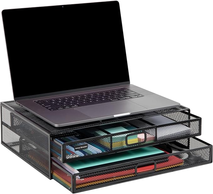 Mind Reader Monitor Stand, Ventilated Laptop Riser, Storage Drawer, Office, Metal Mesh, Black