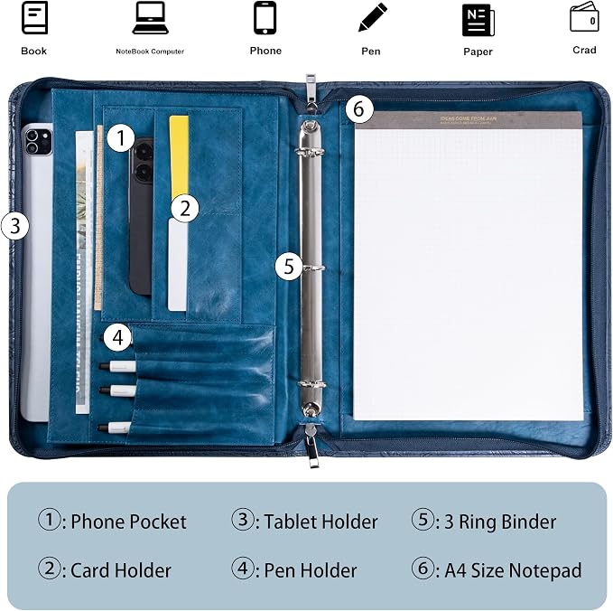 Dark Blue Embossed Vegan Leather Portfolio for Women, 3 Ring Portfolio Binder with Zipper, A4 Planner Binder with Laptop Pocket, Padfolio Legal Size,WorkBinder Organizer for Women
