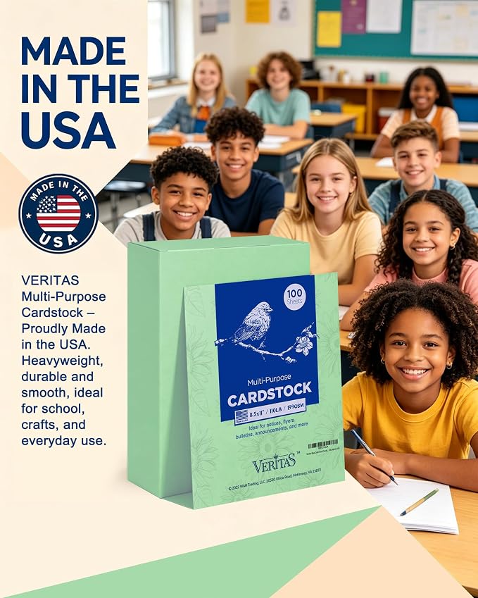 Veritas Green Colored Cardstock, 8.5" x 11" Colored Copy paper, 110LB/199GSM Printer Paper, 100 Sheets (1 Reams), Colored Multi-Purpose Paper, Made in USA