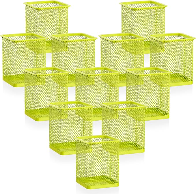 Segarty Pen Cup, 12 Pack Square Light Green Pen Holder for Desk, Cute Mesh Pencil Cups Holder for Marker, Office Supply, School Students, Home, Desktop Accessories Storage Organizer