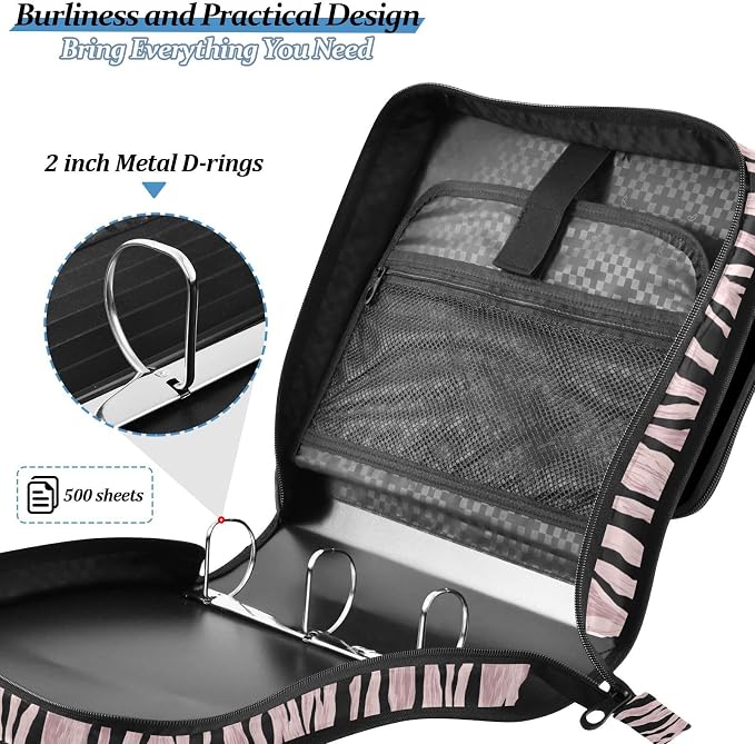 Rose Gold Black Zebra Print 3 Ring Binder Bag 1.5 inch Binder Organizer with Zipper Shoulder Strap 500 Sheet Documents Storage for School Office