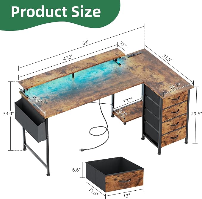 VERMESS 63" Reversible L Shaped Gaming Computer Desk, Corner Desk with Power Outlets & Monitor Stand, Writing Study Table with 4 Storage Drawers, Desk with LED Lights, Rustic Brown