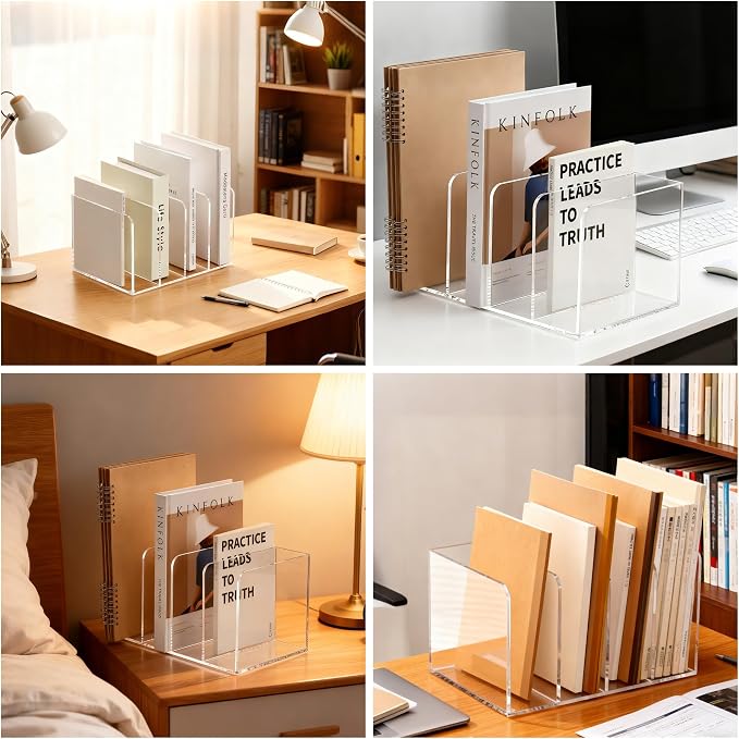 YUXUN Clear Acrylic Magazine File Holder, 4 Compartment Desk Organizer | Desk Organizer for Documents, Tablets, Magazines, Books & Accessories, Ideal for Office, Home & Classroom