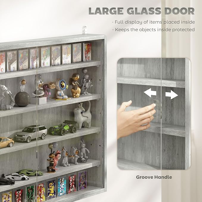 HOMCOM 5-Tier Wall Mounted Display Cabinet Glass Doors 60x80cm Gray | Display Case, 4 Adjustable Shelves, for Home Office Ornaments
