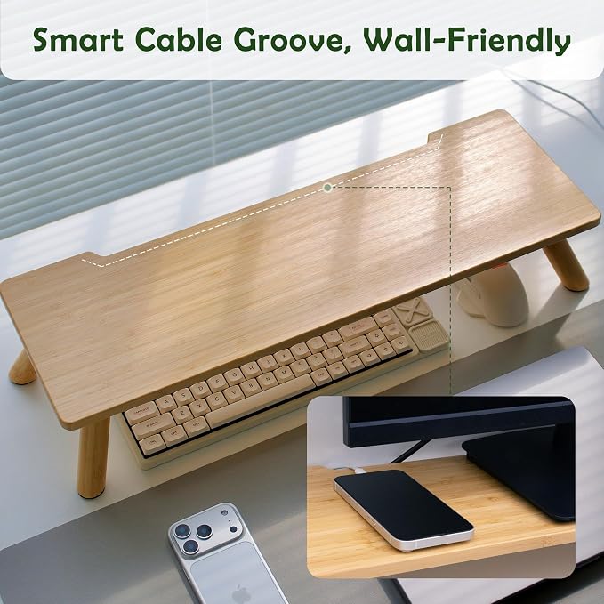 Bamboo Monitor Stand Riser with Cable Routing Slot and Storage | 23.6-inch Wide, Ergonomic Desk Shelf, Natural Wood Desktop Organizer for Monitor Laptop Printer, Home Office Accessory