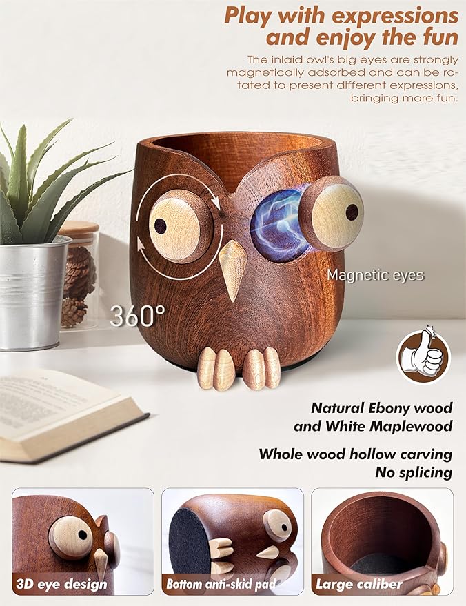 Solid Wood Owl Pen Holder for Desk with Magnetic Spinning Eyes, Funny Pencil Holder, Cute Desk Accessories, Home Office Decor, Gift for Teachers, Coworkers, Friends & Family