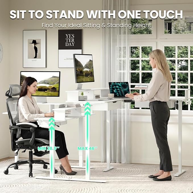 MALOL 59" L Shaped Electric Standing Desk with Drawers, Height Adjustable Desk with Power Outlets & LED Lights, Monitor Stand, Corner Computer Desk for Home Office, White