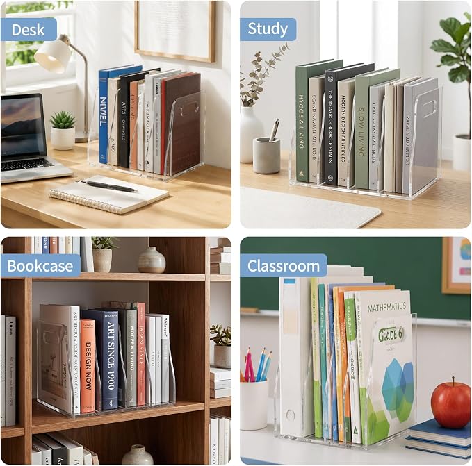 Acrylic Magazine File Holder, 4 Vertical Clear File Organizer Desk Organizer, Compartments Desk Document Sorter, Stores Books, Magazines, Notebooks, Multi-purpose Document Organizer for Home, Office