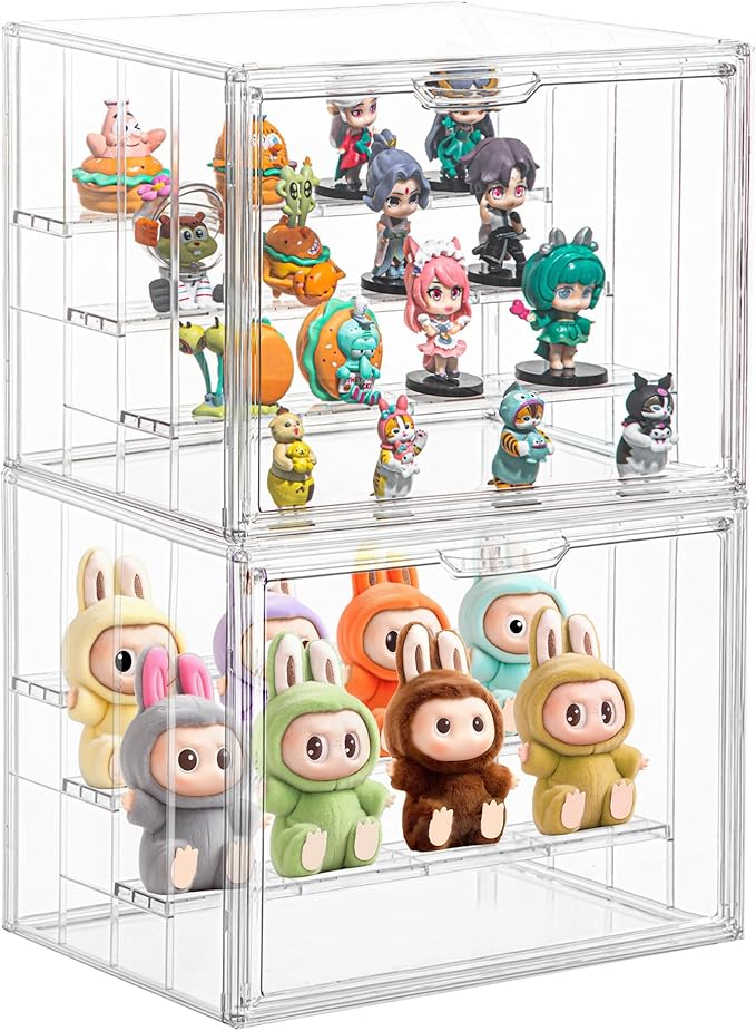 Clear Acrylic Display Case for Figures 4 Layer Figure Display Shelf with 3 Movable Plate Stackable Display Box with Magnetic Door for Collectibles 2 Pack