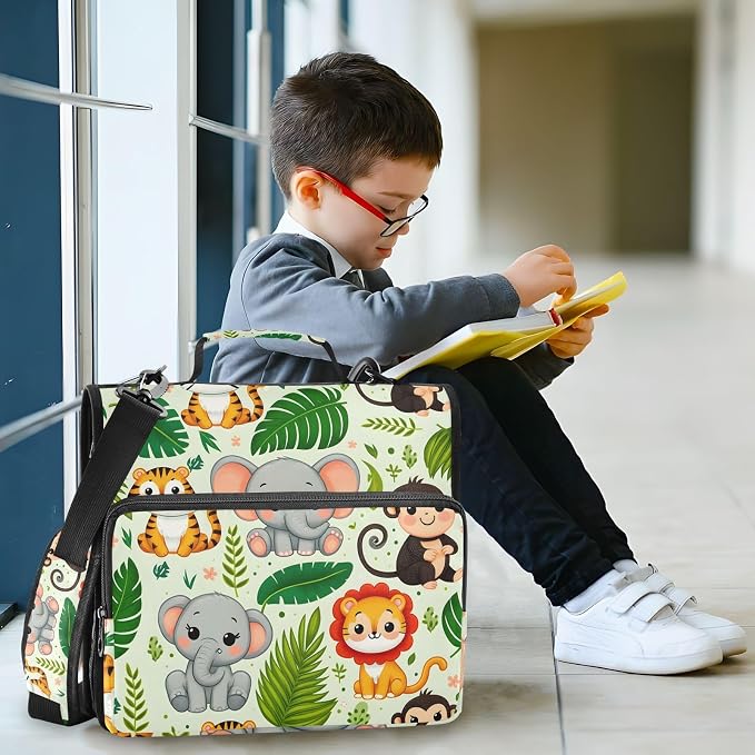 3 Ring Zipper Binder with Shoulder Strap Jungle Animals Palm Leaf 2 Inch Zippered Binder Bag 500 Sheet Capacity Multi Pockets for School Supplies