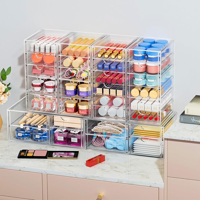 Acrylic 2-Pack 7-Drawer Makeup & Storage Organizer for Bath,Desk | Smooth-glide drawers, clear body, dustproof, wipe clean, for office supplies, pens, rings, earrings, tweezers, cotton swabs