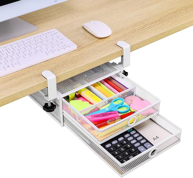 ROSYLINE Under Desk & Desktop Drawer Organizer, 2-Tier Big Capacity | Steel Construction, Clip-On No Drill Installation, Fits A4 Paper, for Office & Household Supplies