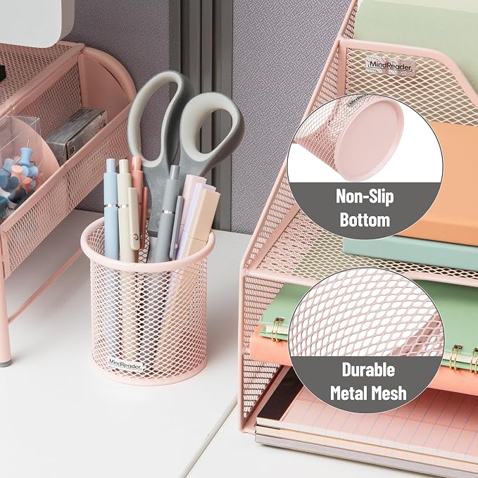 Mind Reader Pen and Accessories Holder, Desktop Organizer, Office, Metal Mesh, 3.5"L x 3.5"W x 3.75"H, Set of 3, Pink