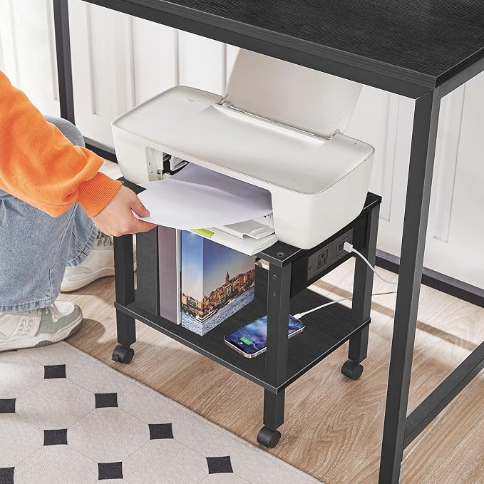 HOOBRO 2-Tier Printer Stand with Charging Station, Under Desk Printer Table, Printer Cart with Storage Shelves, Shelf for Small Spaces, for Home Office, Black BK38UPS01