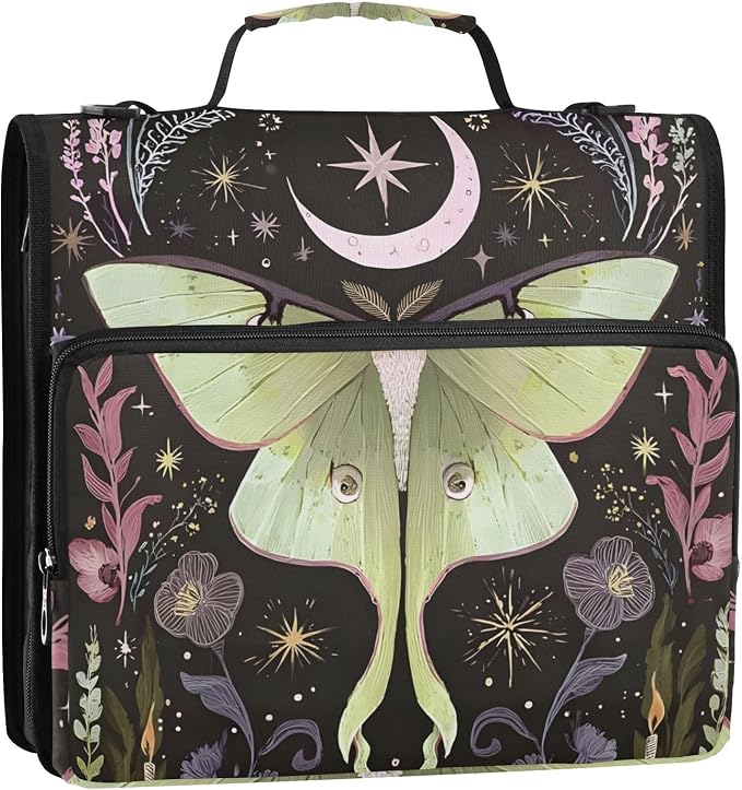3 Ring Zipper Binder with Shoulder Strap Green Luna Moth Flowers Moon Stars 1.5 inch Binders Keeper Large Capacity Multi Pockets for School Office Supplies