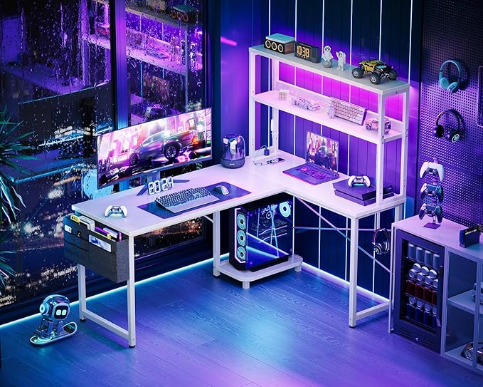 AODK L Shaped Desk Gaming Desk with LED Light & Power Outlet | 53 Inch White Reversible L Shaped Computer Table with Shelf, Corner Desk with Storage Bag&Hook for Home Office Desk