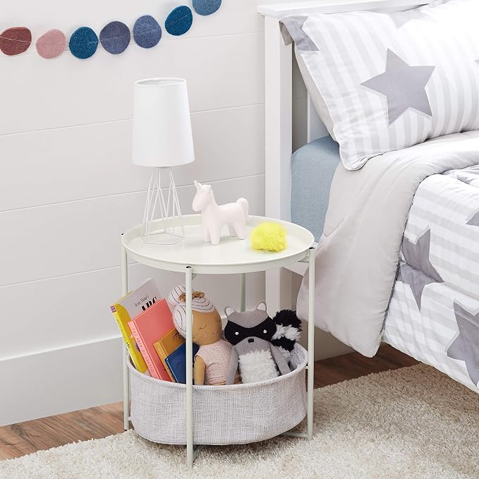 Amazon Basics Round Storage End Table, Nightstand with Cloth Basket, Bedside Table, White/Heather Gray, 17.7" L x 17.7" W x 18.9" H