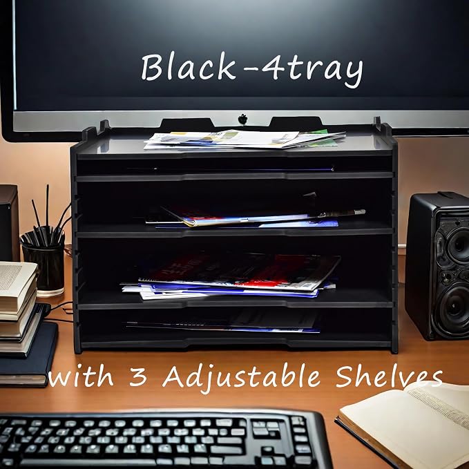 4 Tier Adjustable Shelves Office Desk Organizer,Wooden Desk File Organizer, Letter Tray, Document Letter Mail Tray Sorter, White/Black (Black-4tray(with 3 Adjustable Shelves))