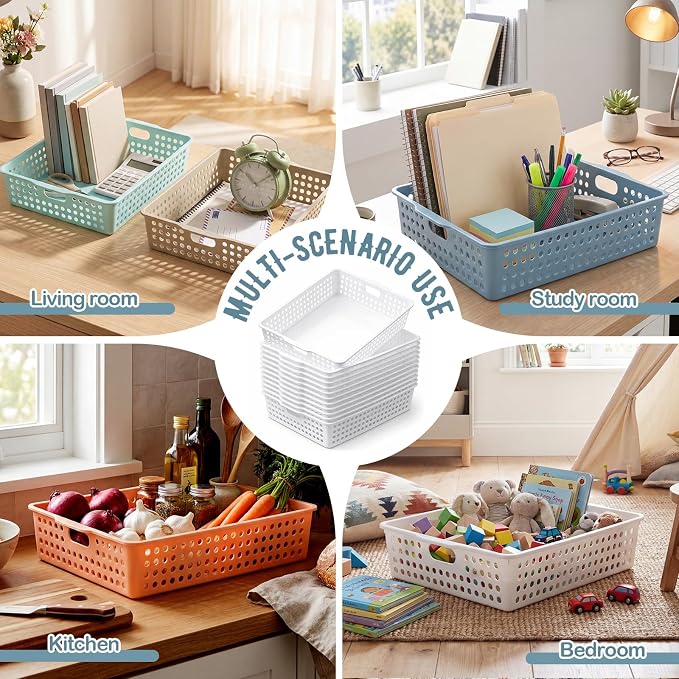 Geetery 6 Pack Classroom Storage Baskets with Handle,Boho Color | 14''x10'' Paper Tray Holds A4 Turn in Trays Plastic Paper Baskets Desk Organizer Bin for Classroom, Library, Office, Home