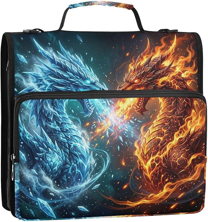 Fire Ice Dragon Print 3 Ring Zipper Binder with Shoulder Strap & Handle 2 Inch D-Ring Zippered Binder Bag with Multiple Pocket & Pencil Pouch, Binder Organizer for School or Office