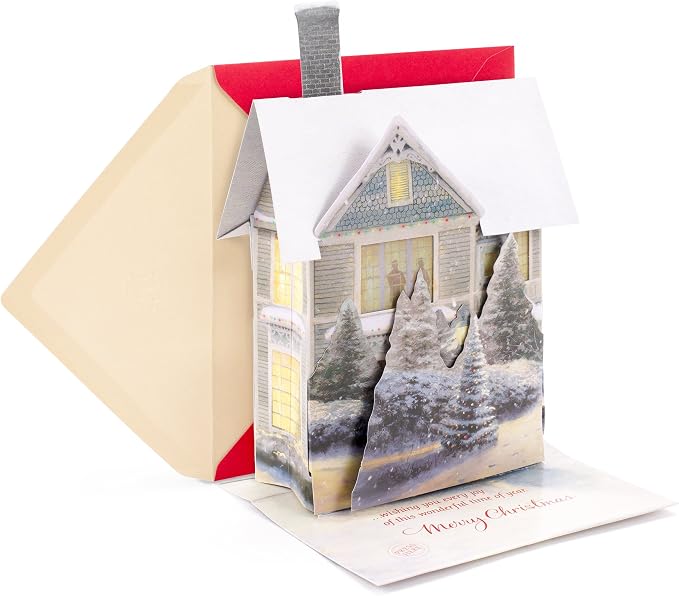 Hallmark 0899XSO1002 Christmas Pop Up Card with Light and Song (Displayable Dimensional Thomas Kinkade House Plays We Wish You a Merry Christmas), Snowy House