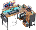 VERMESS 47" Reversible L Shaped Gaming Computer Desk, Corner Desk with Power Outlets & Monitor Stand, Writing Study Table with 4 Storage Drawers, Desk with LED Lights, Rustic Brown