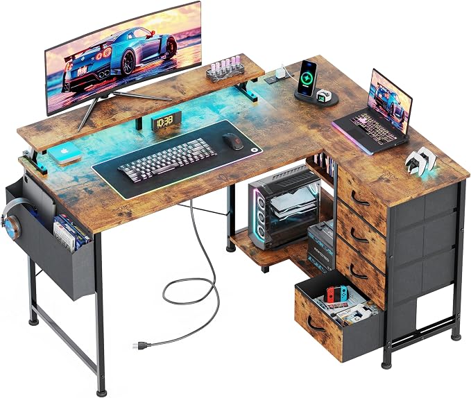 VERMESS 47" Reversible L Shaped Gaming Computer Desk, Corner Desk with Power Outlets & Monitor Stand, Writing Study Table with 4 Storage Drawers, Desk with LED Lights, Rustic Brown