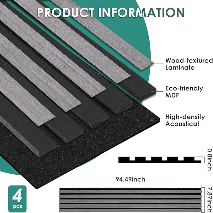 VallisCo 4-Piece Wood Slat Acoustic Panels for Stylish Interior Decor & Noise Reduction - 94.5" x 7.87" 3D Solid Wood Wall Panels for Ceiling and Wall, Covers 20.66 Sq Ft, Grey Oak