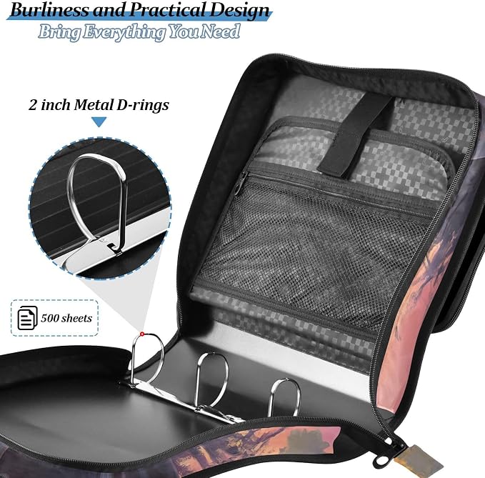 3 Ring Zipper Binder with Shoulder Strap Black Horse Flower Oil 2 Inch Zippered Binder Bag 500 Sheet Capacity Multi Pockets for School Supplies